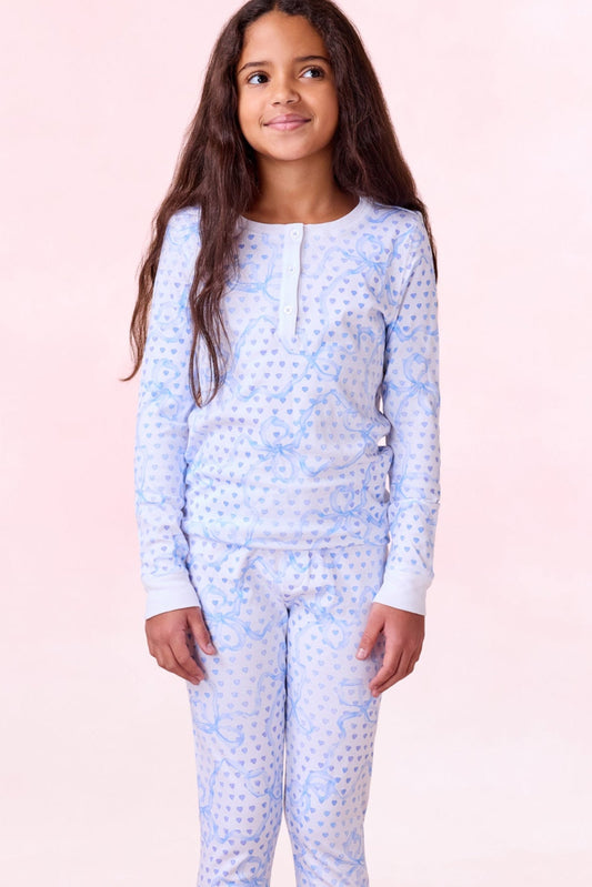 LoveShackFancy x Roller Rabbit Kids Pale Blue Luna Bow Hearts Pajamas view 1