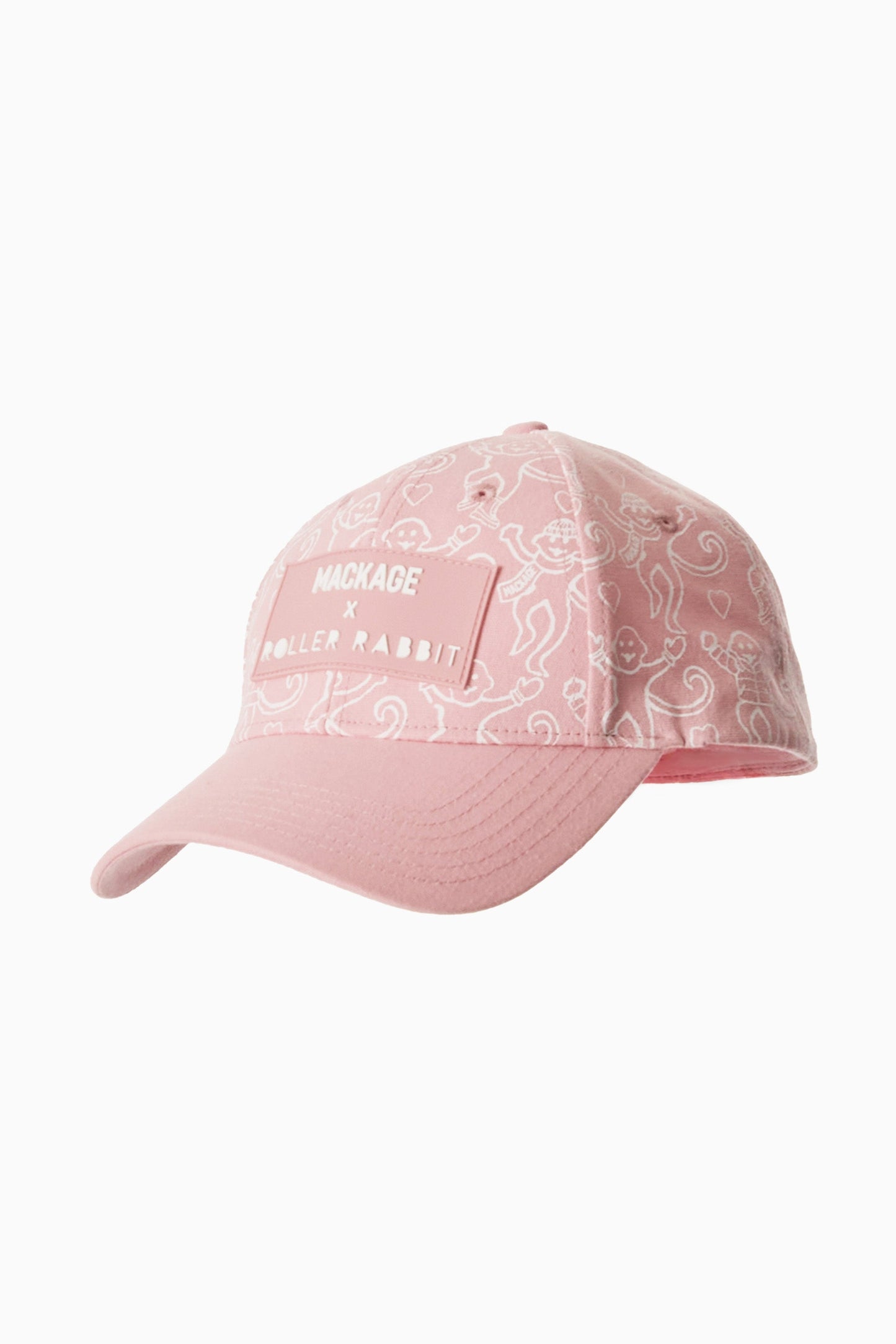 Pink cap with white text and patterns on a white background view 3