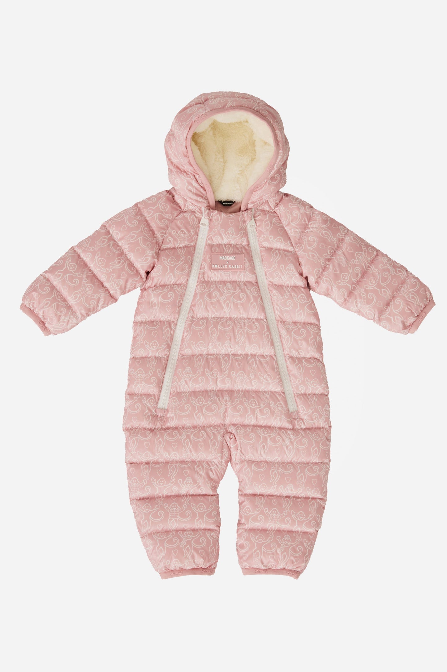 Pink monkey baby snowsuit on a white background view 2
