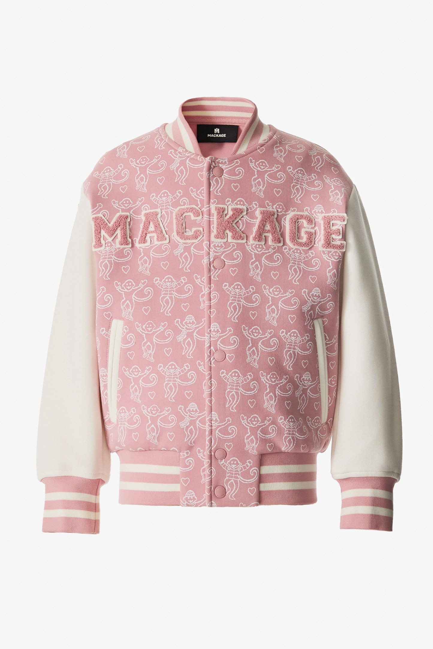 Pink bomber jacket with white lettering on a white background view 2