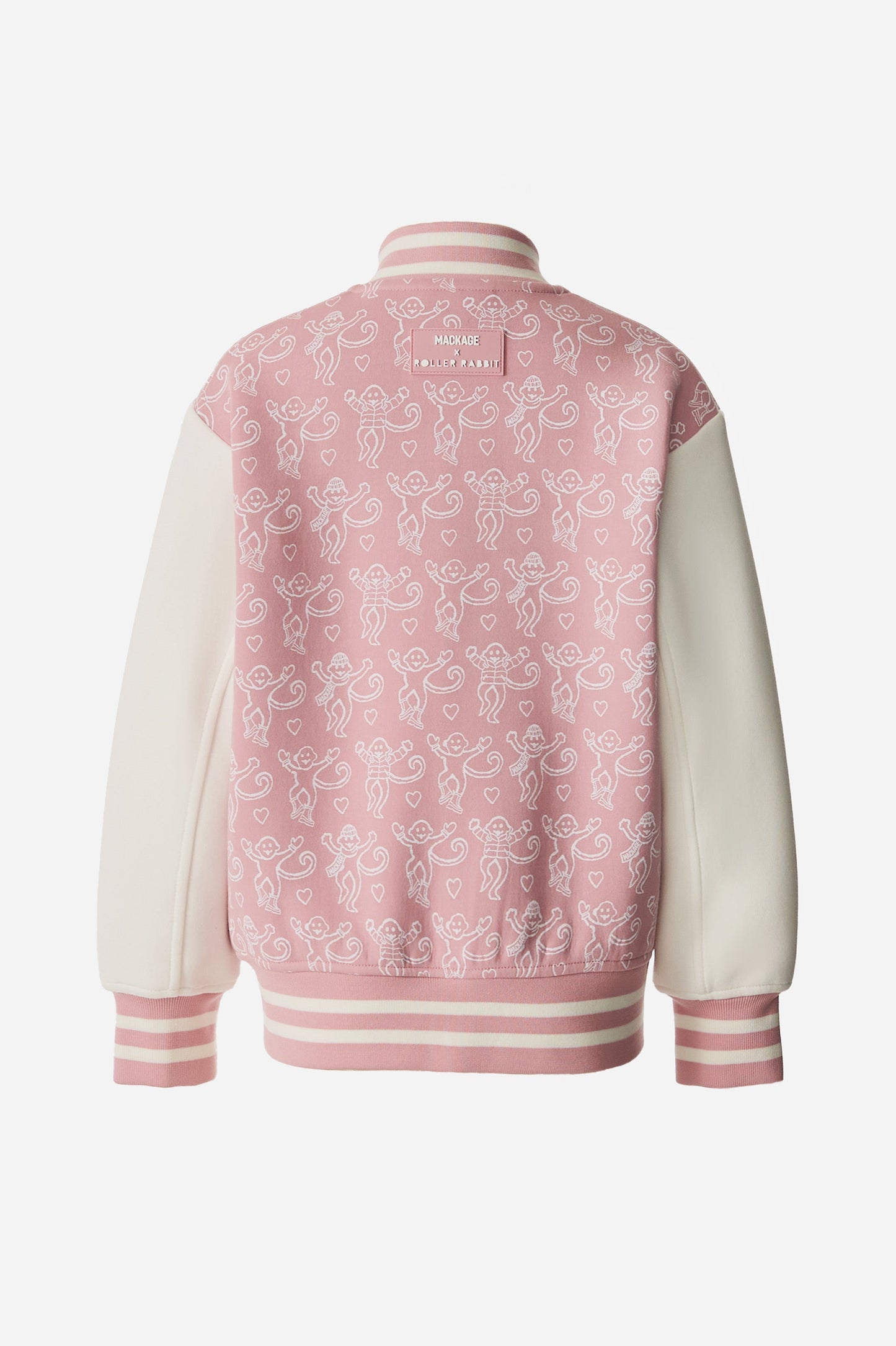 Pink varsity jacket with white pattern on a white background view 4
