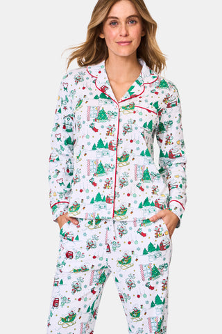 ROLLER RABBIT GREEN SNOW VILLAGE LONG SLEEVE POLO PAJAMAS