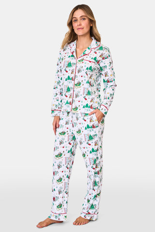 ROLLER RABBIT GREEN SNOW VILLAGE LONG SLEEVE POLO PAJAMAS