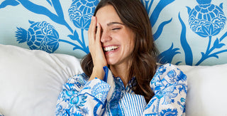 Model in Amanda PJ's in blue in bed