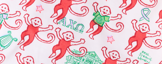 Pattern of red monkeys, some wearing green shirts with Greek letters or phrases. Green ribbon, lyre, stars, and building illustrations are scattered on a white background.