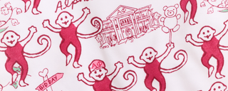 Cartoon monkeys in maroon, some with hats and balloons, surround a sketch of a frat house labeled “ΑΦ.” Other doodles like flowers, a bear, and a pennant reading “BID DAY” are scattered on a white background.