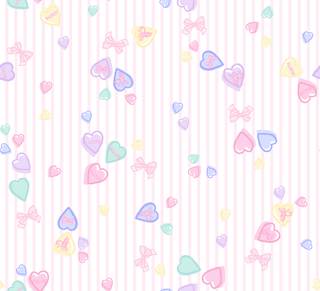 Pastel-colored hearts and bows are scattered over a soft pink and white vertical striped background, creating a cute and whimsical pattern. Some hearts have text like LOVE and SWEET written on them.