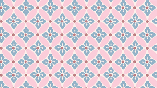Repeating geometric tile pattern with pink diamonds, blue floral shapes, and small brown circles at each intersection, forming a symmetrical, decorative background design.