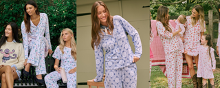 Three panels showing groups of women and a baby wearing patterned matching pajama sets outdoors.