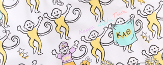 Cartoon monkeys with long tails appear on a white background, some holding banners labeled KAΘ and Kappa Alpha Theta, with stars, sneakers, and flowers scattered around.