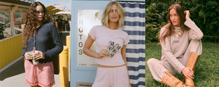 Three women pose in different settings: one with a drink at a yellow diner, one holding photo booth strips, and one sitting on grass in lounge wear and cowboy boots.
