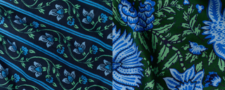 A split image showing blue and green floral patterns: a striped design on the left and a larger-scale botanical print on the right.