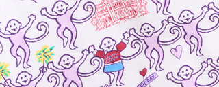 Cartoon purple monkeys holding hands on a white background, with one monkey wearing clothes. Red building, palm tree, “Sister Keeper,” “Bid Day,” and hearts are also illustrated.