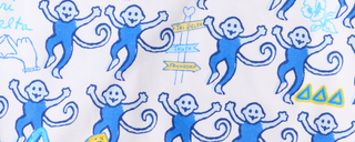 Pattern of blue monkeys with raised arms on a white background, along with yellow and blue symbols, Tri Delta, and a signpost reading Truth and Friendship.