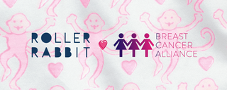 Roller Rabbit and Breast Cancer Alliance logos separated by a small heart, over a pink monkey and heart pattern.