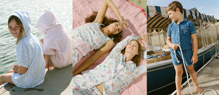 Three photos: Two girls sit by water in patterned hooded cover-ups, two girls lie on a blanket in pastel pajamas, and a boy in a blue outfit stands near a boat, holding a rope.