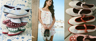 A collage showing espadrille shoes in pastel colors and floral prints, a woman in a floral dress holding a pair, and close-ups of similar shoes with decorative patterns.