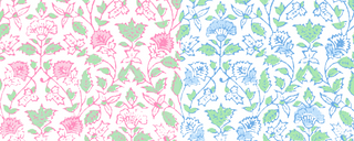 A seamless floral pattern featuring pink and green flowers on the left, and blue and green flowers on the right.