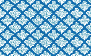 Repeating blue and white geometric floral pattern, featuring stylized leaves and petals, arranged in overlapping scalloped shapes for a decorative, intricate design.