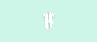 Line drawing of a baby onesie with a full-length front zipper.