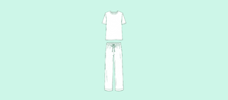 A short-sleeved pajama shirt and matching drawstring pants shown as a line drawing.