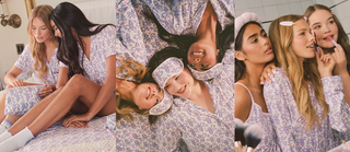 Three images show young women in matching floral pajamas. They sit on a bed, lie side by side smiling, and apply makeup together, enjoying a cozy, fun sleepover in a softly lit room.