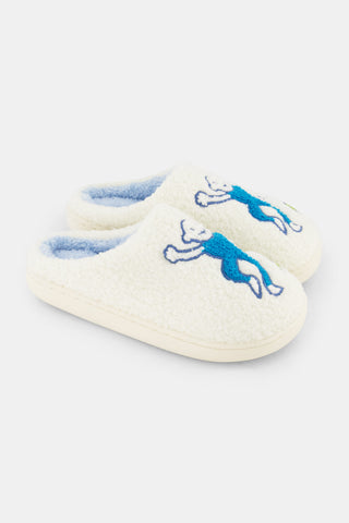 Kids Monkey Fuzzy Slippers in cream, featuring blue embroidered monkeys and small green leaves.
