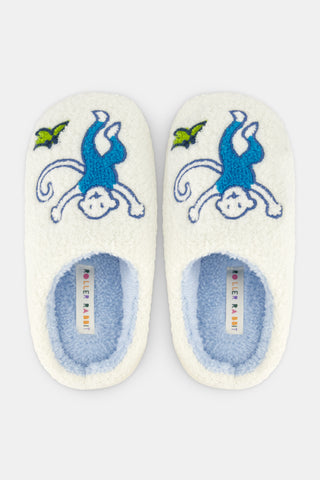 Kids Monkey Fuzzy Slippers in cream, featuring blue embroidered monkeys and small green leaves.