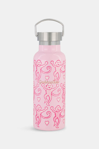 Introducing the Lovely Monkey Water Bottle by Roller Rabbit—a pink stainless steel bottle with a silver cap, featuring a charming repeating pattern of pink monkeys and hearts. Ideal for daily hydration or taking to the gym.
