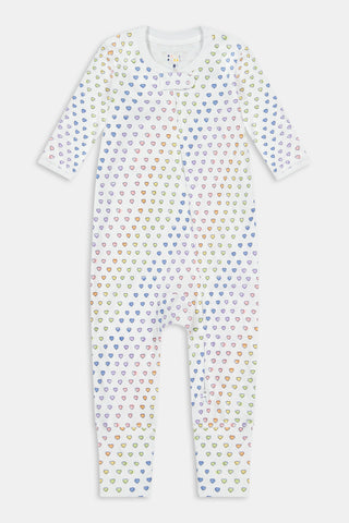 HIALPESA Infant Disco Hearts Foldover Footie with long sleeves, foldover cuffs, and a colorful disco hearts print on a white background.