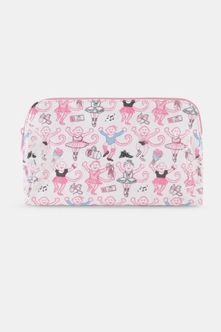 The Monkey Pirouette Makeup Bag by Roller Rabbit is a white cotton canvas cosmetic pouch adorned with pink monkeys dancing alongside ballerinas and scattered musical notes.