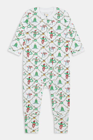 SERFLEX Infant Deck The Halls Foldover Footie in white featuring an all-over holiday pattern of monkeys, snowmen, and Christmas trees connected by string lights.