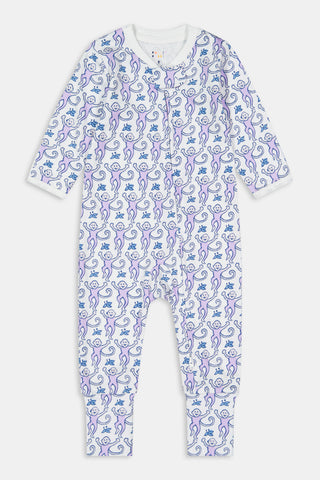 TEXPIMA Infant Monkey Foldover Footie in white with an all-over purple and blue monkey and leaf print.