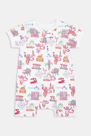 Roller Rabbit Pink Infant Miami Monkey Short Sleeve Zipper Onesie