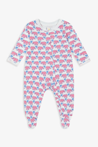 The Roller Rabbit Infant Hathi Hearts Zipper Footie is a baby onesie with long sleeves and legs, featuring a convenient front zipper and adorned with a repeating pattern of pink and blue elephants on a white background.