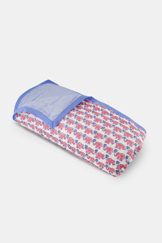 The Hathi Hearts Baby Quilt by Roller Rabbit has pink and blue elephants with a blue border on one side and blue-and-white stripes on the reverse.