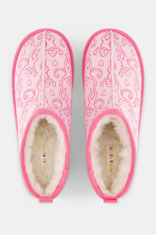 Pink LUHE Lovely Monkey Fuzzy Clogs featuring a heart pattern and a fuzzy interior lining.
