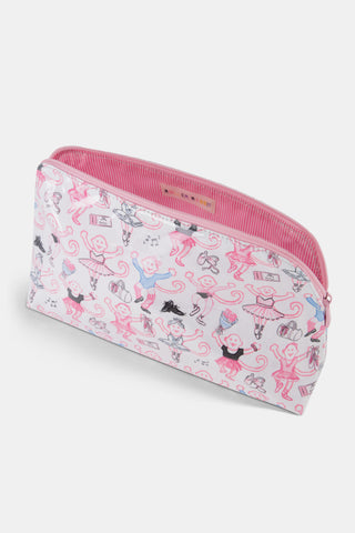 The Monkey Pirouette Makeup Bag by Roller Rabbit is a white cotton canvas cosmetic pouch adorned with pink monkeys dancing alongside ballerinas and scattered musical notes.