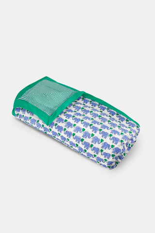 The Hathi Hearts Baby Quilt by Roller Rabbit, shown on a white background, features a blue elephant print with green trim and comes with a matching green striped pillow.