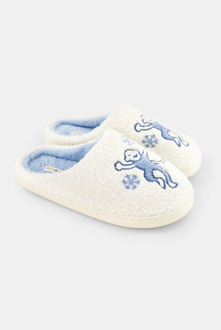 Snowflake Monkey Fuzzy Slippers in cream-colored fuzzy fabric with blue embroidered snowflakes, a blue interior lining, and light-colored outsoles.