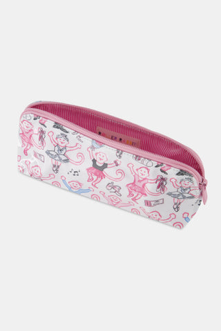 The Monkey Pirouette Makeup Bag by Roller Rabbit is a white cotton canvas cosmetic pouch adorned with pink monkeys dancing alongside ballerinas and scattered musical notes.