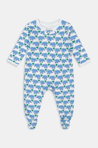 The Roller Rabbit Infant Hathi Hearts Zipper Footie is a long-sleeve onesie featuring a playful pattern of blue elephants and green leaves, designed with a convenient front zipper and covered feet.