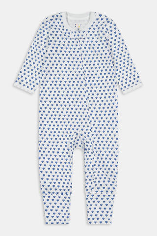HIALPESA Infant Hearts Foldover Footie in white with an all-over blue heart print and a front zipper closure.