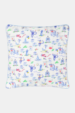 Introducing the Monkey On The Vineyard Decorative Pillow by Roller Rabbit—a square cotton pillow with a crisp white background adorned with playful blue monkeys, lighthouses, fish, boats, and vibrant sea-themed illustrations in an all-over scattered pattern. Finished with blue piping along the edges, this charming decorative pillow brings whimsical coastal flair to any space and is inspired by Roller Rabbit’s signature Monkey on the Vineyard design.