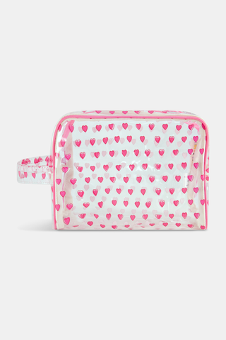 The Roller Rabbit Hearts Beach Pouch is a clear rectangular PVC pouch with a pink zipper and handle, decorated with small pink hearts. This water-resistant pouch keeps your toiletries organized and protected.