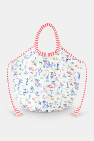 A colorful fabric bag with red and white striped handles and edges, featuring charming blue, green, and pink illustrations of animals, houses, and trees on a white background.