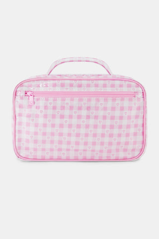 The Roller Rabbit Gingham Hearts Hanging Toiletry Case is a rectangular travel bag featuring pink and white gingham checks adorned with small heart patterns and a top handle, displayed against a plain white background.