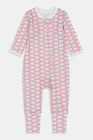 Infant Hathi Foldover Footie pajamas with a pink and white elephant pattern.
