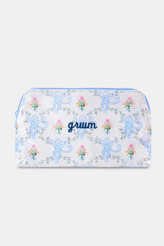 The Roller Rabbit Floral Monkey Trellis Makeup Bag is a limited edition white pouch with a light blue zipper, decorated with smiling blue monkeys and colorful flowers.