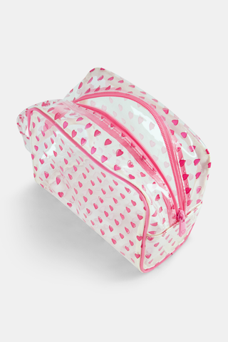 The Roller Rabbit Hearts Beach Pouch is a clear rectangular PVC pouch with a pink zipper and handle, decorated with small pink hearts. This water-resistant pouch keeps your toiletries organized and protected.